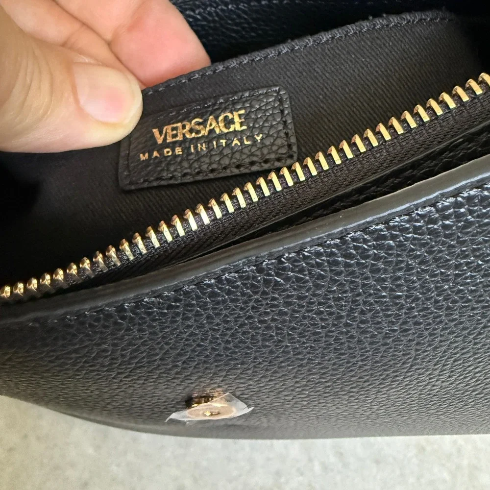 Versace Virtus‎ Small Hobo Bag Black Grained Leather Gold Barocco V